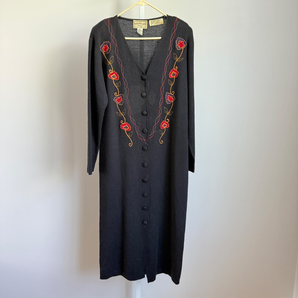 VTG Karin Stevens Embroidered Lagenlook witchy Cardigan sweater Dress size L